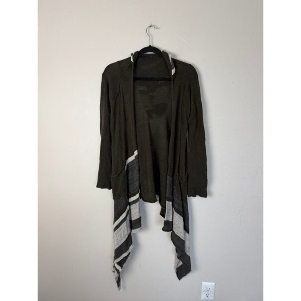 Altar'd State Womens Medium Olive Green Striped Hooded Waterfall Cardigan Boho
